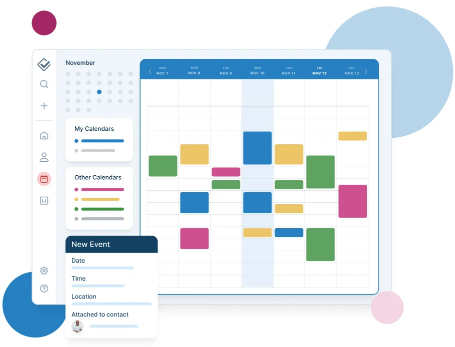 LACRM calendar dashboard with events attached to contacts