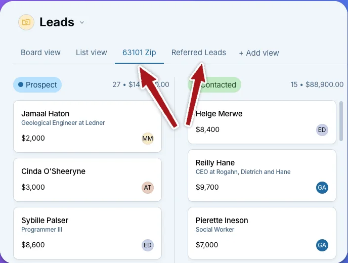 LACRM leads pipeline in board view with saved views